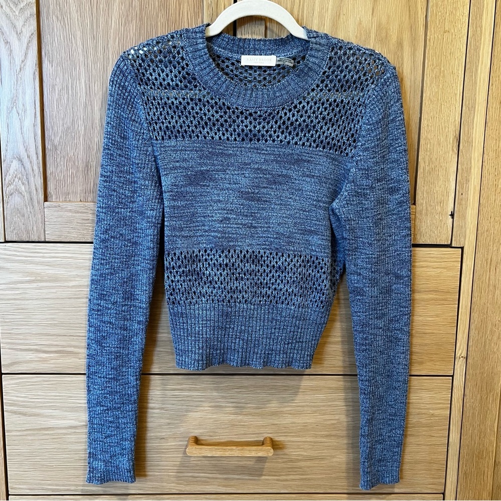 Ramy Brook Khloe Mesh Knit Crop Sweater Blue Small Contemporary Coastal